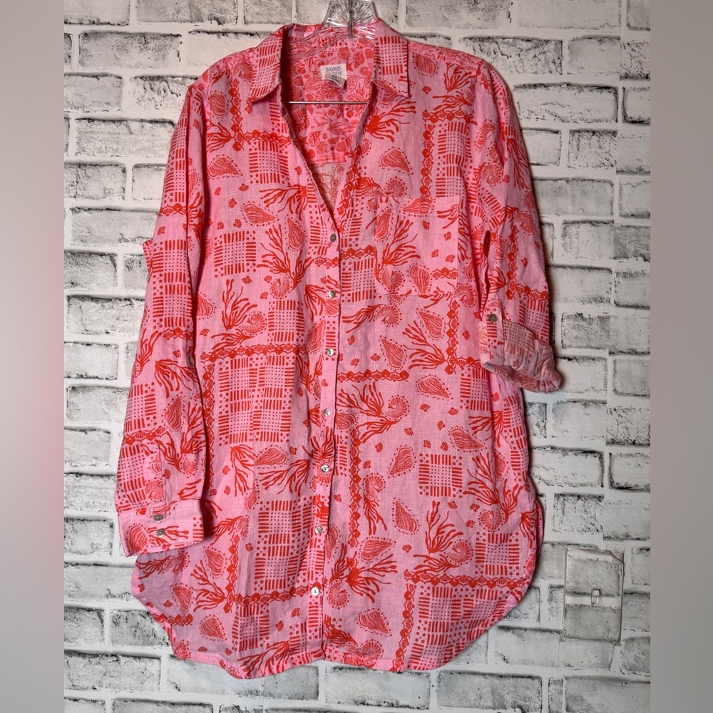 Sigrid‎ Olsen Coral and White 100% Linen button up oversized Shirt pink & orange